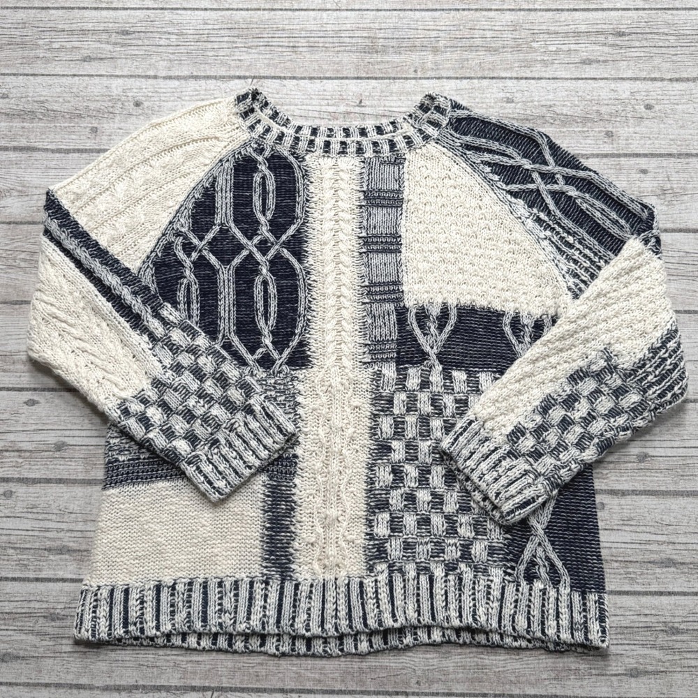 Chaps Sweater Womens XL White Crewneck Patchwork Cable Knit Pullover Cottagecore